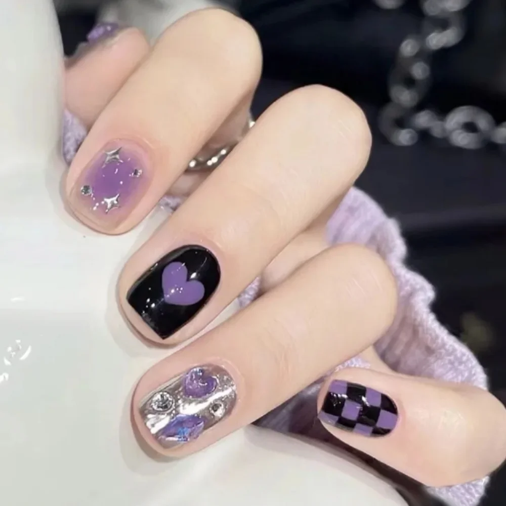 2/$16 3D Rhinestone Hearts Checkerboard Press On Nails